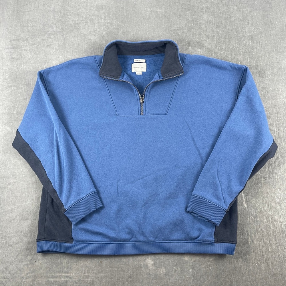American Eagle Men L Blue Quarter-Zip Sweatshirt Colorblock Fleece Lined